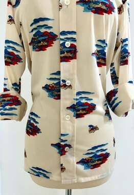 Vintage 1970s Long Sleeve Button Up Shirt Novelty Print 70s Blouse Pointy Collar